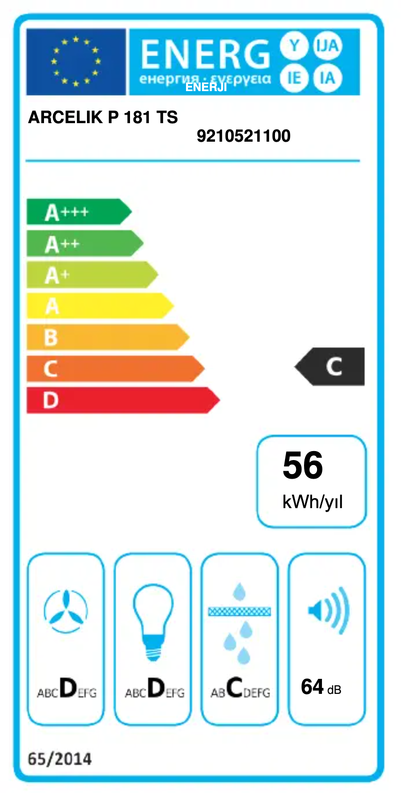 Page 1 of the manual Energy Label Arçelik P 181 TS