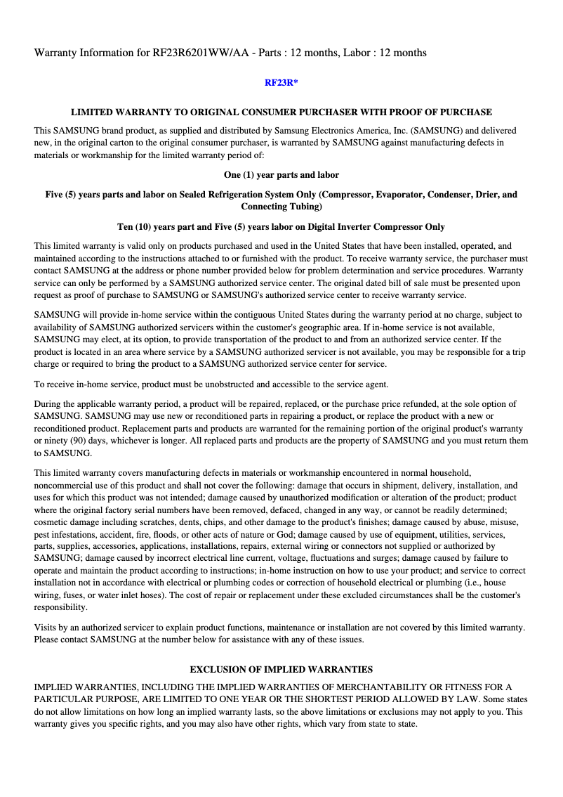 First page image of the manual for RF23R6201SG/AA