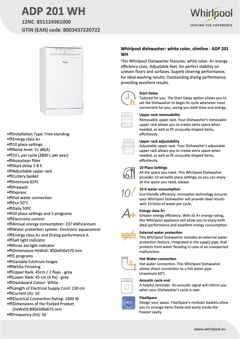 Page 1 of the manual Technical Sheet Whirlpool ADP 201 WH