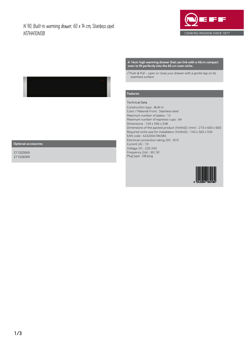 Page 1 of the manual Technical Sheet Neff N17HH10N0B