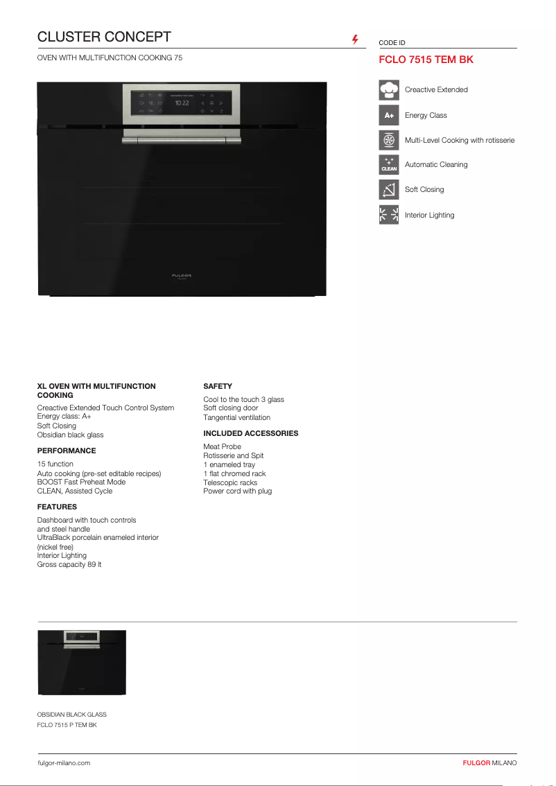 Page 1 of the manual Technical Sheet Fulgor Milano FCLO 7515 TEM BK