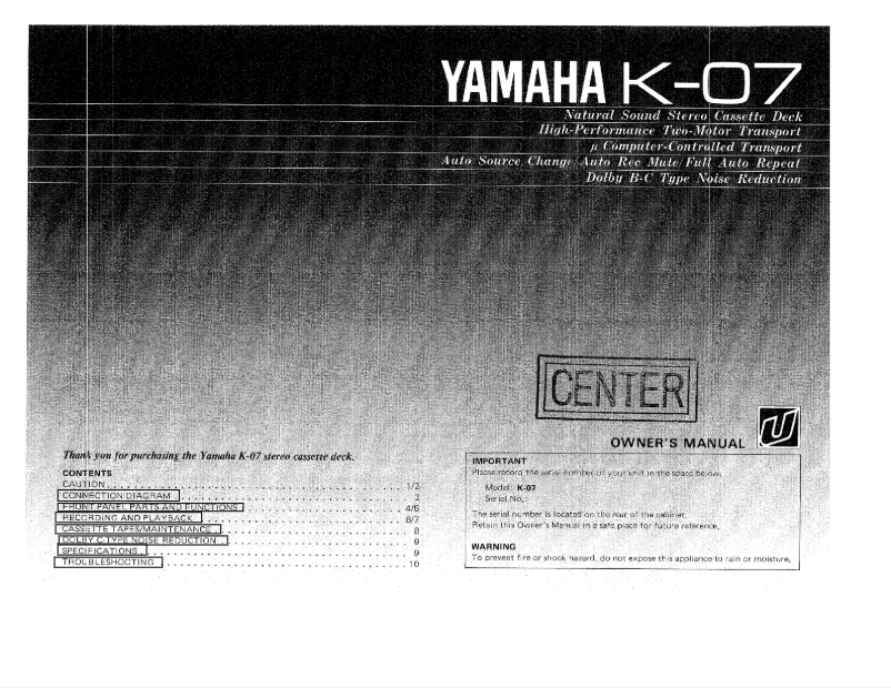 Page 1 of the manual User Manual Yamaha K-07