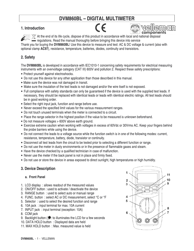 First page image of the manual for DVM860BL