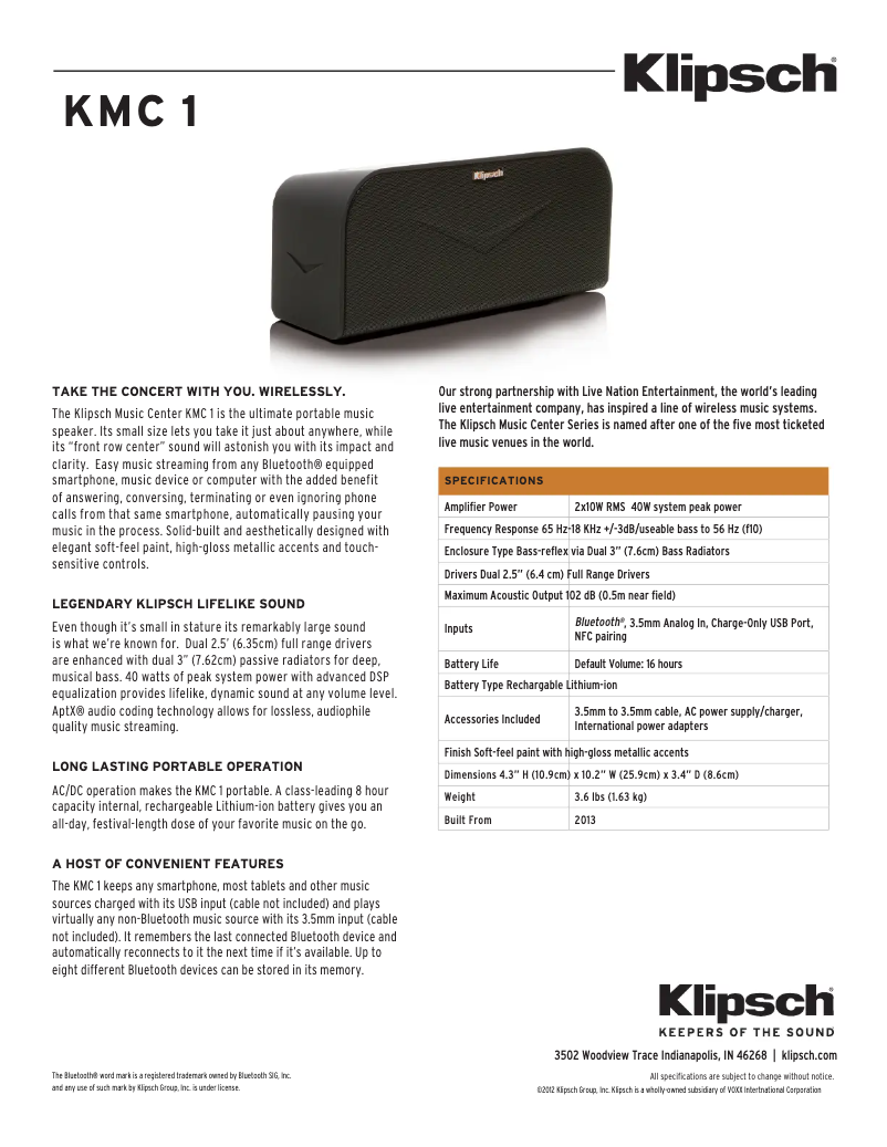 Page 1 of the manual Technical Sheet Klipsch KMC 1