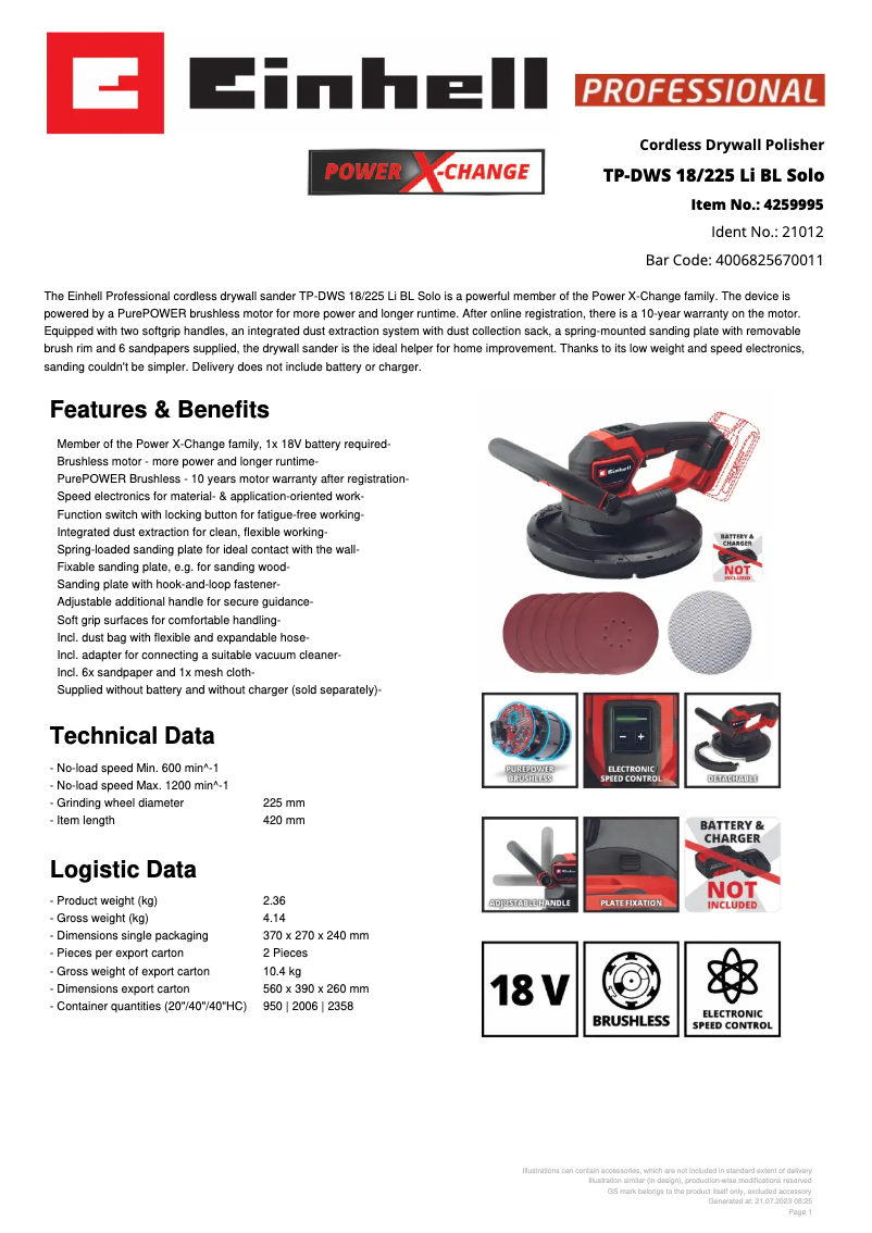 First page image of the manual for TP-DWS 18/225 Li BL