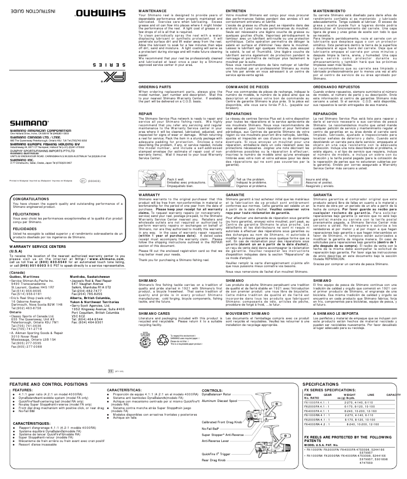 Page 1 of the manual User Manual Shimano FX 4000FA