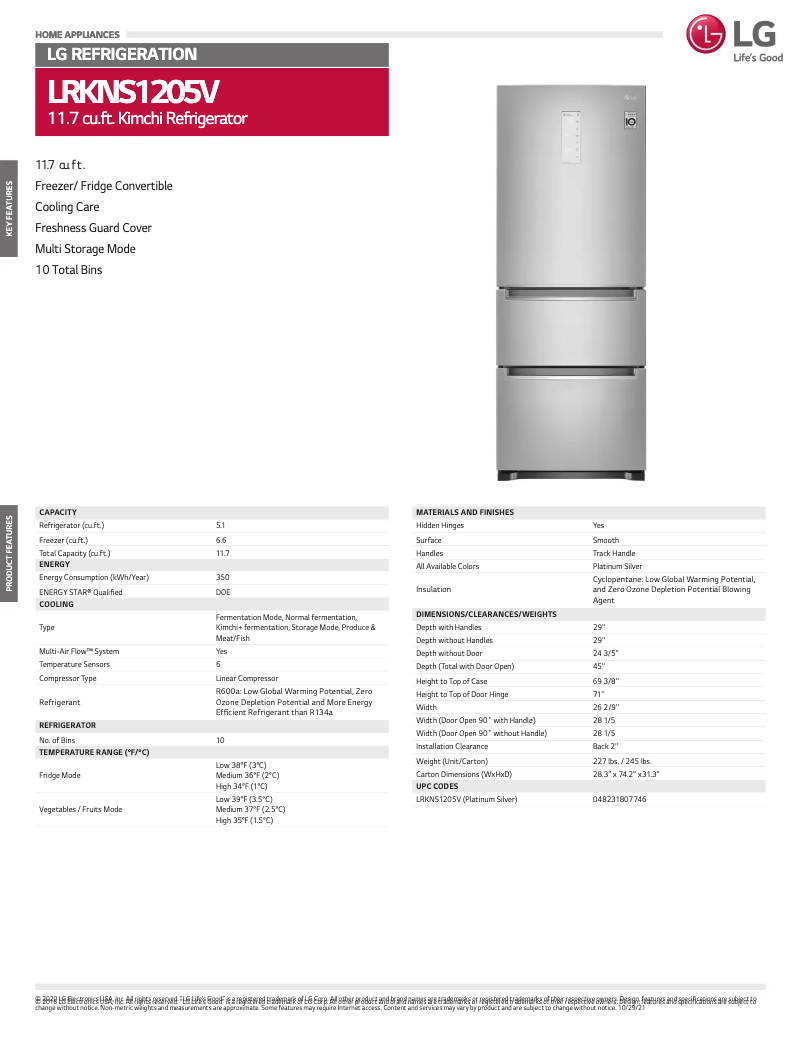 Page 1 of the manual Technical Sheet LG LRKNS1205V