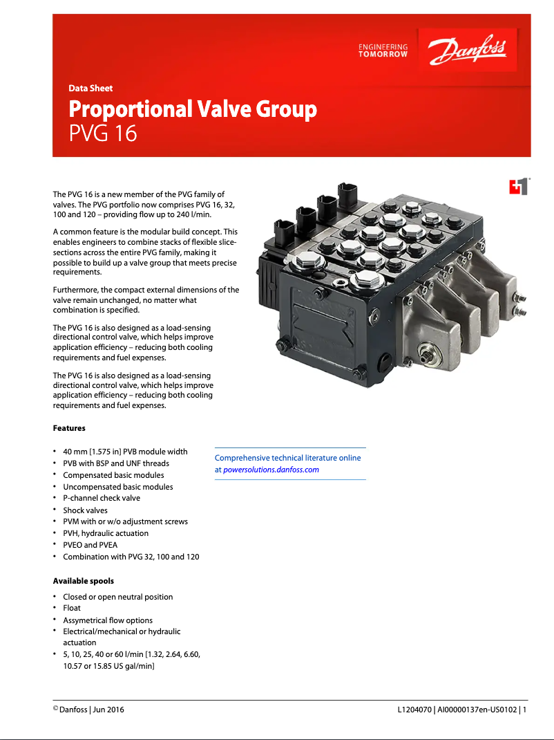 Page 1 of the manual Technical Sheet Danfoss PVG 16