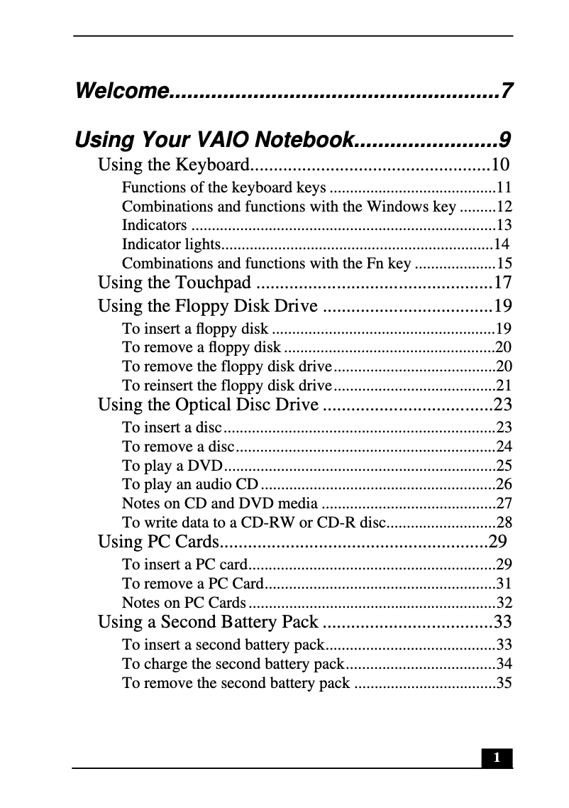 First page image of the manual for Vaio PCG-FX310P