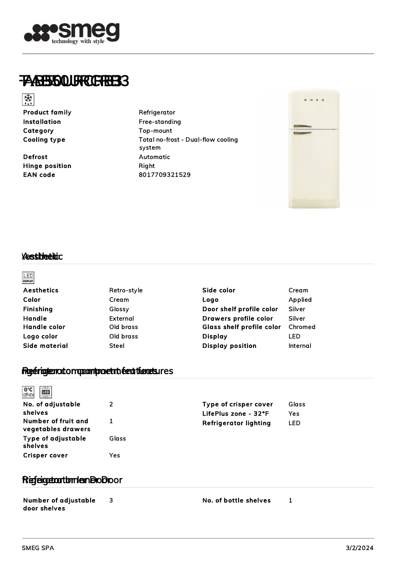Page 1 of the manual Technical Sheet Smeg FAB50URCRB3