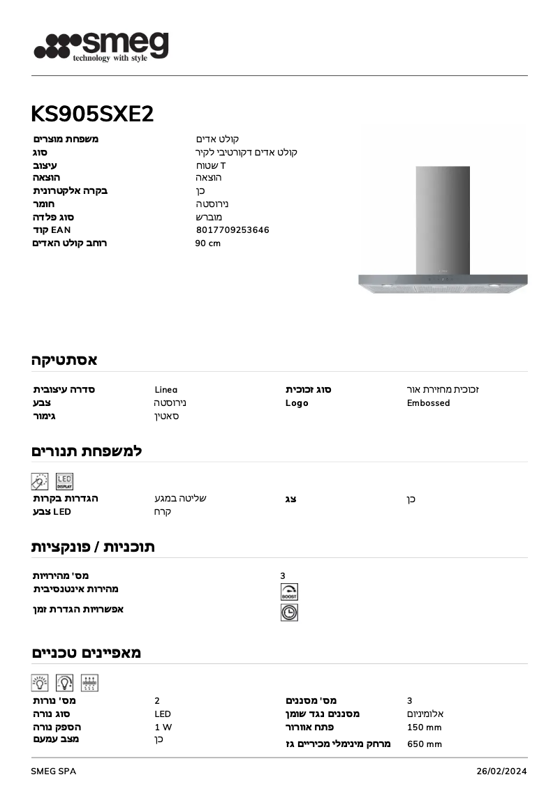 Page 1 of the manual Technical Sheet Smeg KS905SXE2