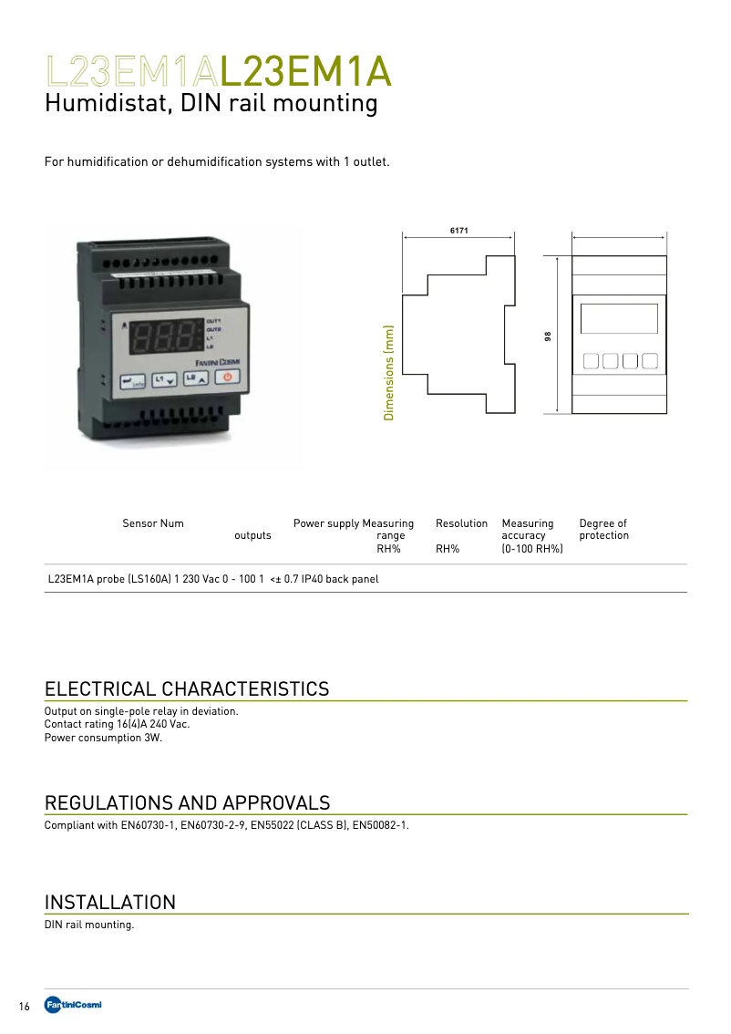 Page 1 of the manual Technical Sheet Fantini Cosmi L23EM1A