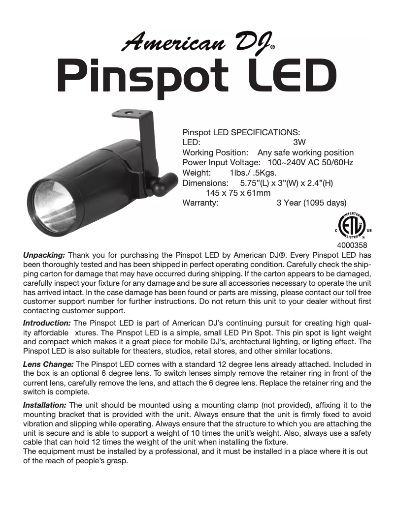 Page 1 of the manual User Manual American DJ Pinspot LED