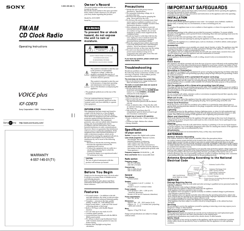 First page image of the manual for ICF-CD873