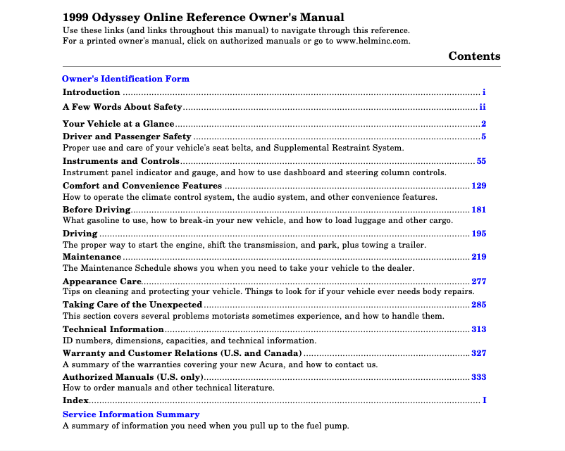 Page 1 of the manual User Manual Honda Odyssey (1999)