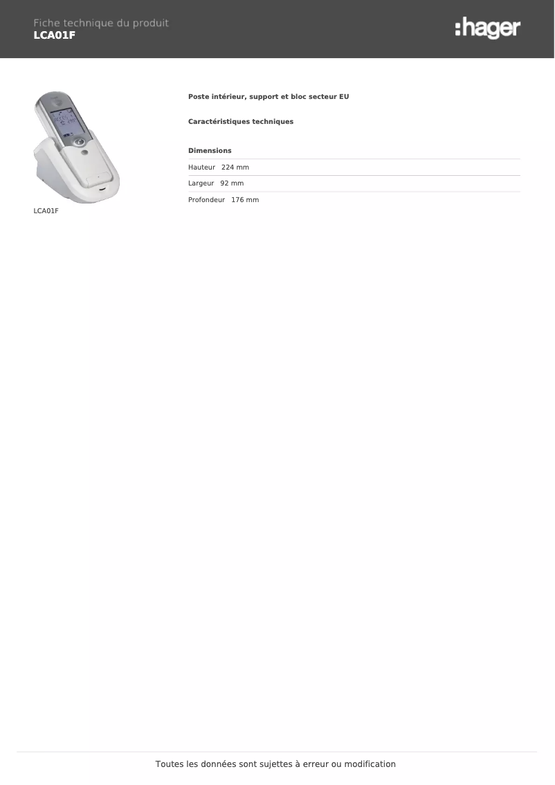 Page 1 of the manual Technical Sheet Hager LCA01F
