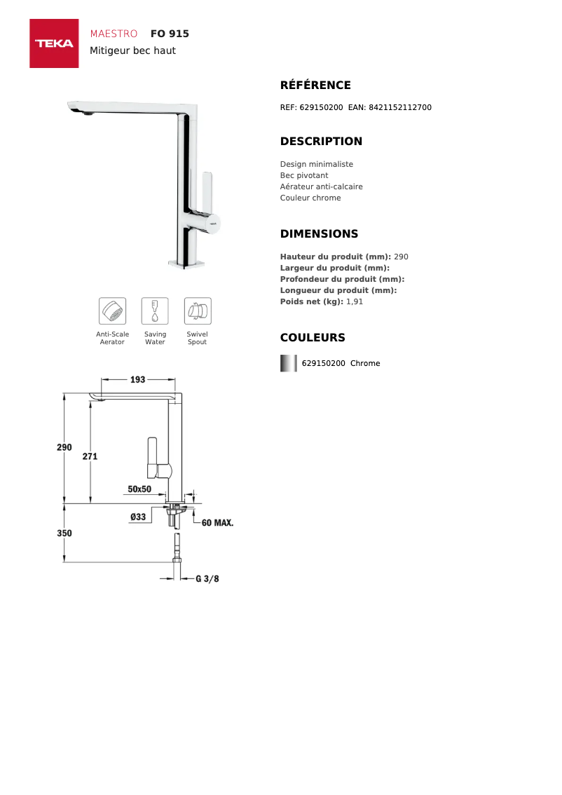 Page 1 of the manual Technical Sheet Teka FO 915