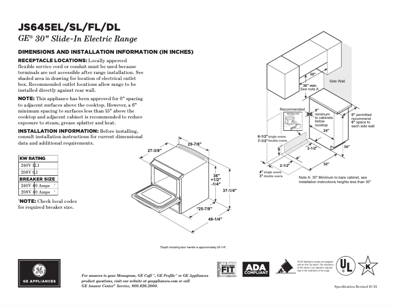 Page 1 of the manual Technical Sheet GE JS645FLDS