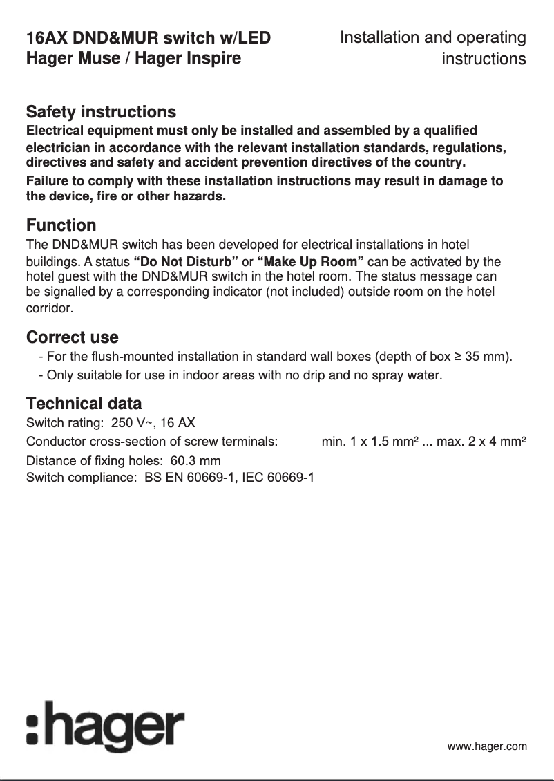 Page 1 of the manual User Manual Hager WGCXHDCNB