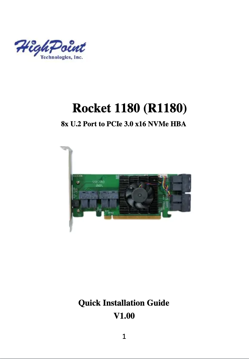 First page image of the manual for Rocket 1180 8-Channel U.2 SSD PCIe Host Bus Adapte