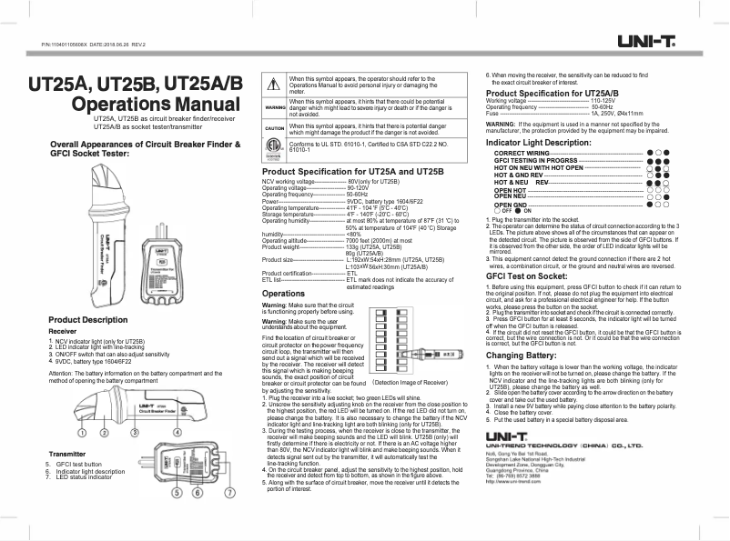 Page 1 of the manual User Manual Uni-T UT25B