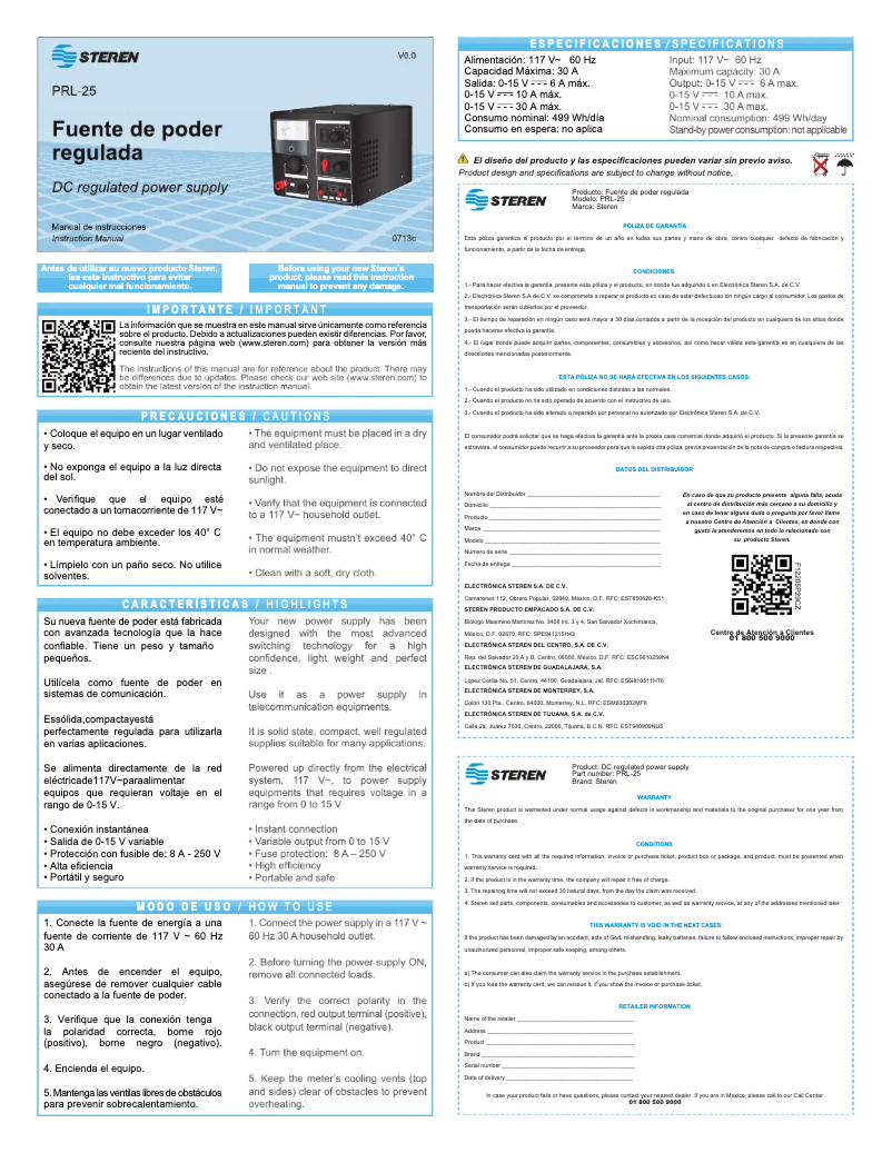 First page image of the manual for PRL-25