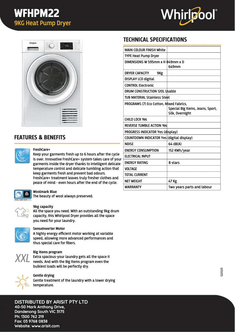 Page 1 of the manual Technical Sheet Whirlpool WFHPM22