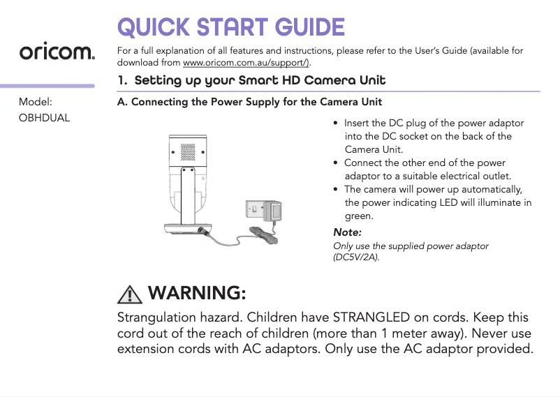 Page 1 de la notice Guide de démarrage rapide Oricom Smart HD Dual