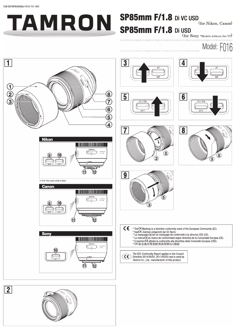 First page image of the manual for SP 85mm F/1.8 Di VC USD f/ Canon