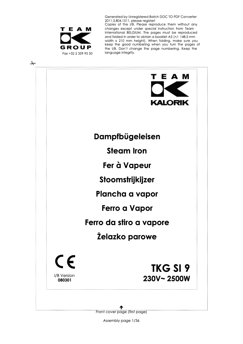 First page image of the manual for TKG SI 9