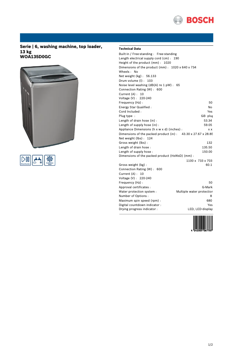 Page 1 of the manual Technical Sheet Bosch WOA135D0GC