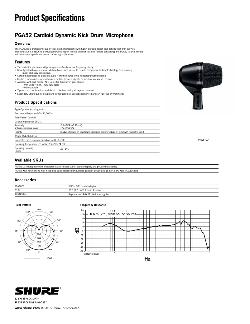 Page 1 of the manual Technical Sheet Shure PGA 52