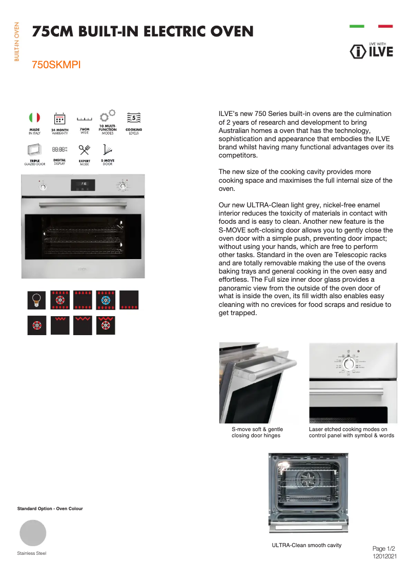 Page 1 of the manual Technical Sheet Ilve 750SKMPI