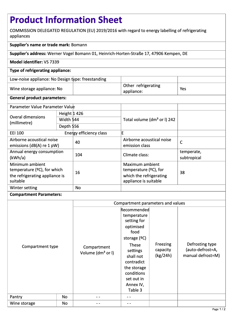 Page 1 of the manual Technical Sheet Bomann VS 7339