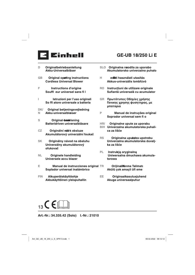 First page image of the manual for GE-UB 18/250 Li E