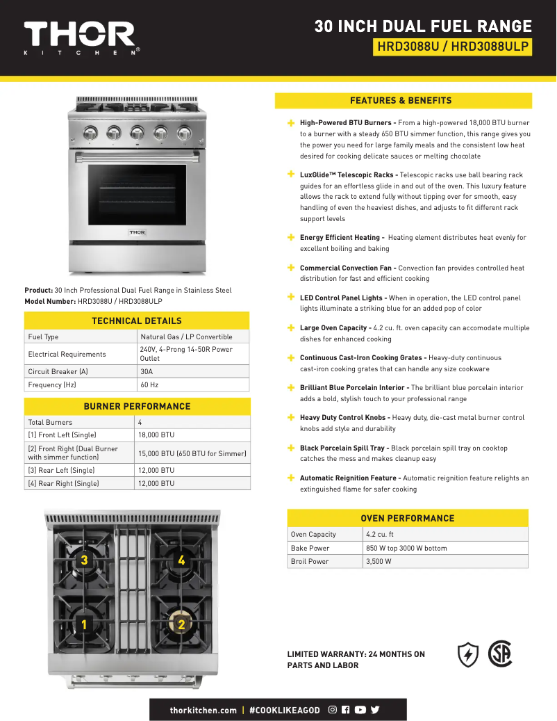 Page 1 of the manual Technical Sheet Thor HRD3088ULP