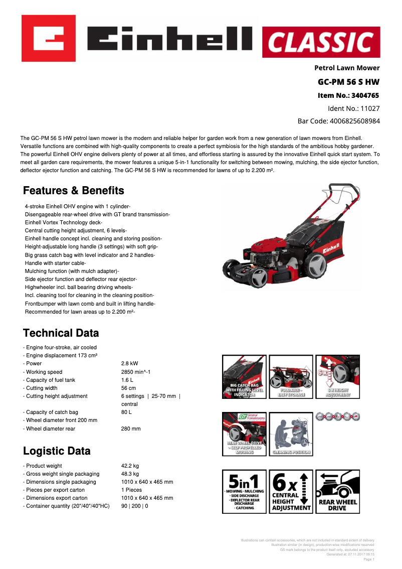 Page 1 of the manual Technical Sheet Einhell GC-PM 56 S HW