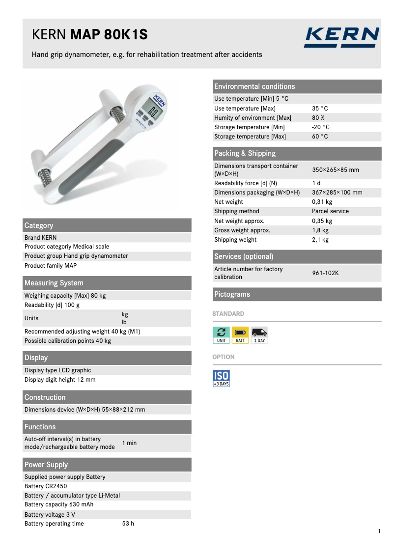 Page 1 of the manual Technical Sheet Kern MAP 80K1S