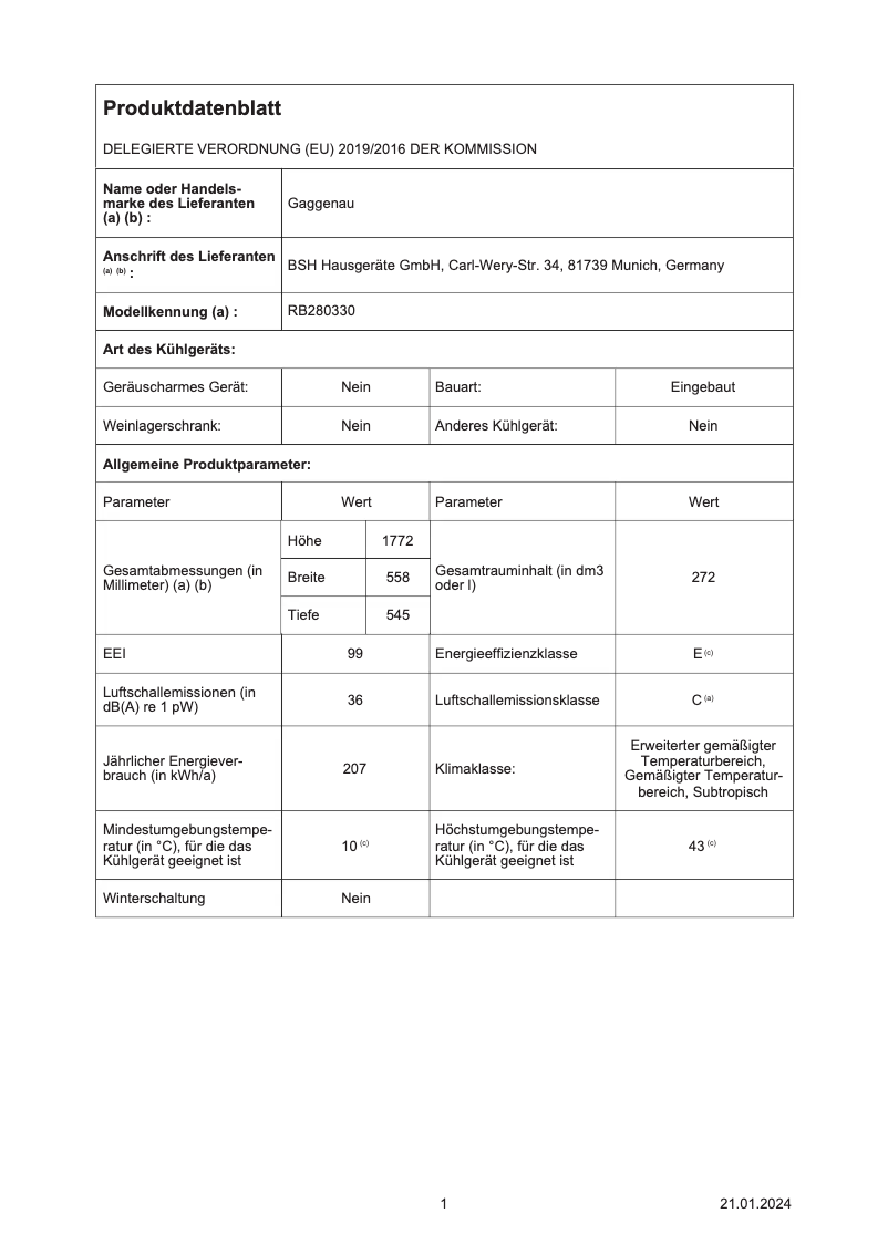 Page 1 of the manual Technical Sheet Gaggenau RB280330