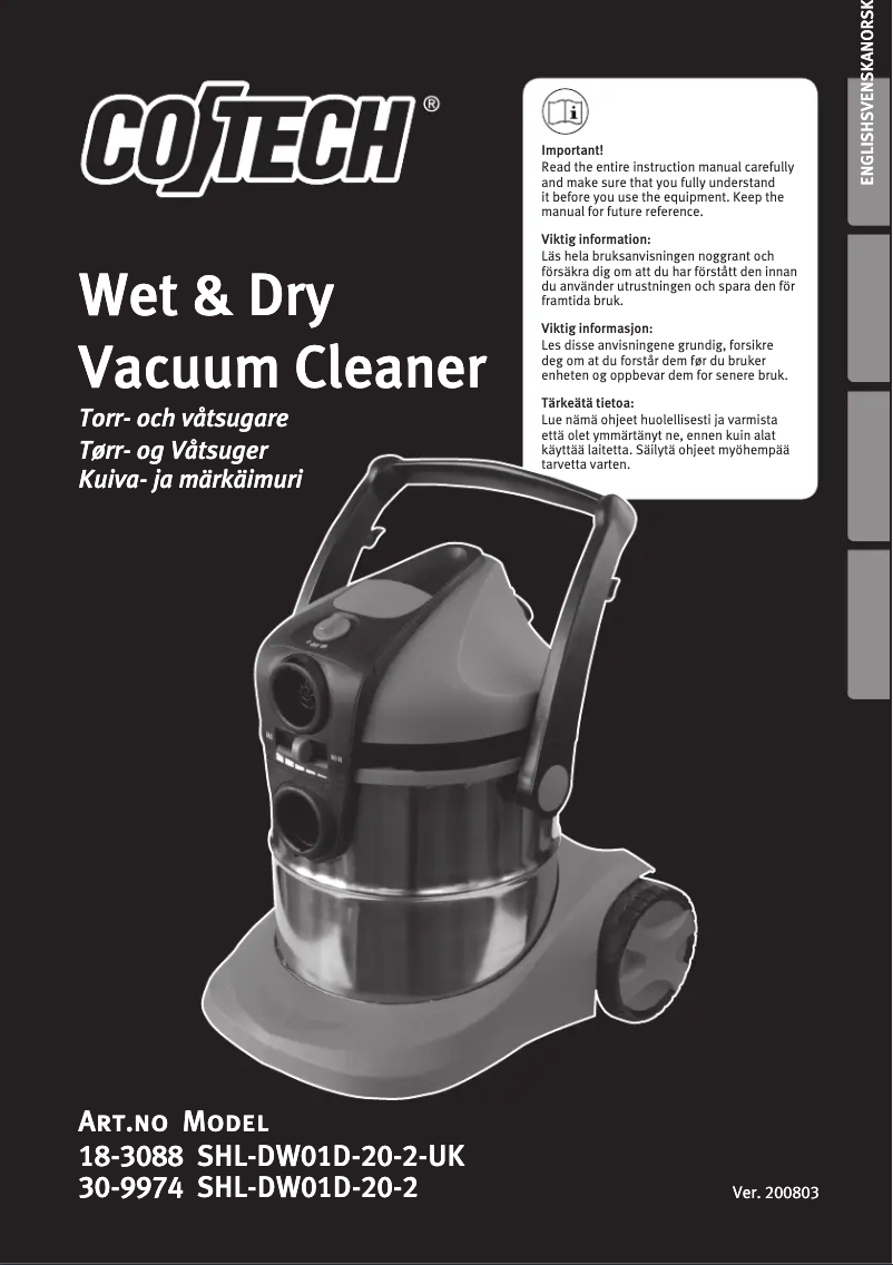 First page image of the manual for SHL-DW01D-20-2