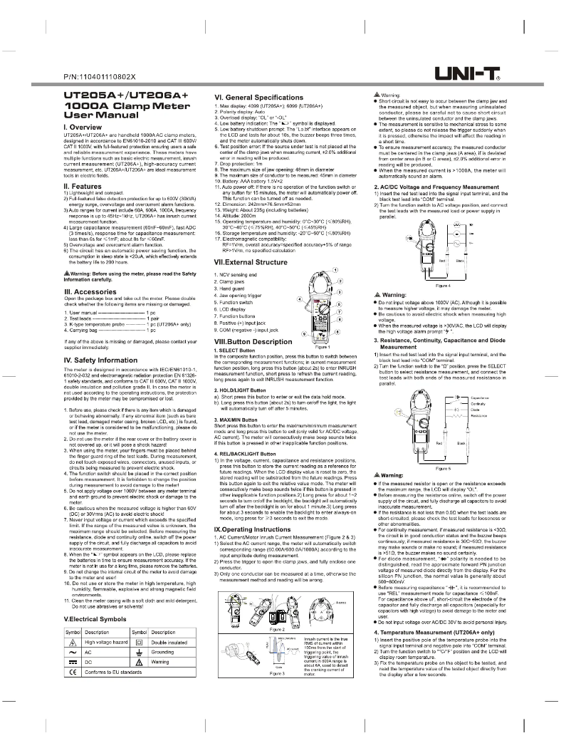 Page 1 of the manual User Manual Uni-T UT206A+