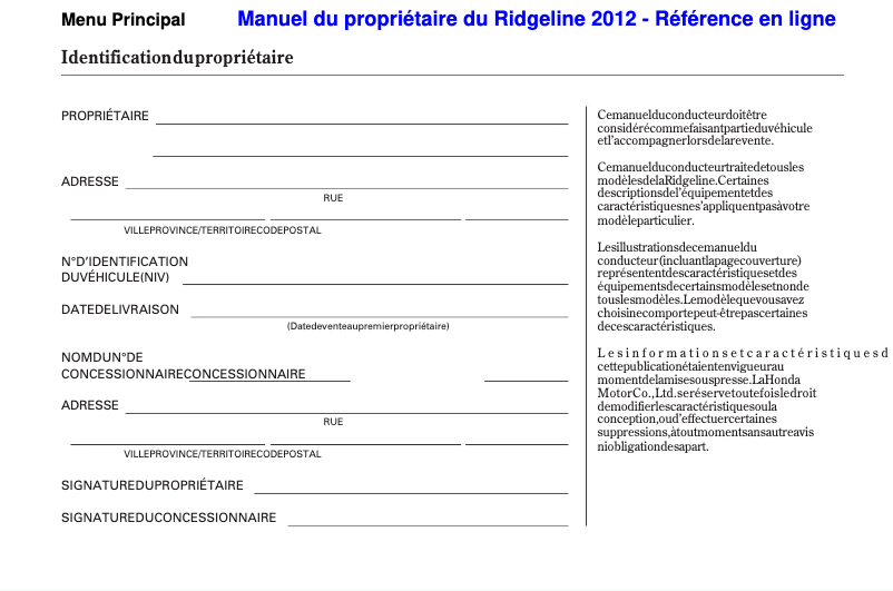 Page 1 of the manual User Manual Honda Ridgeline (2012)