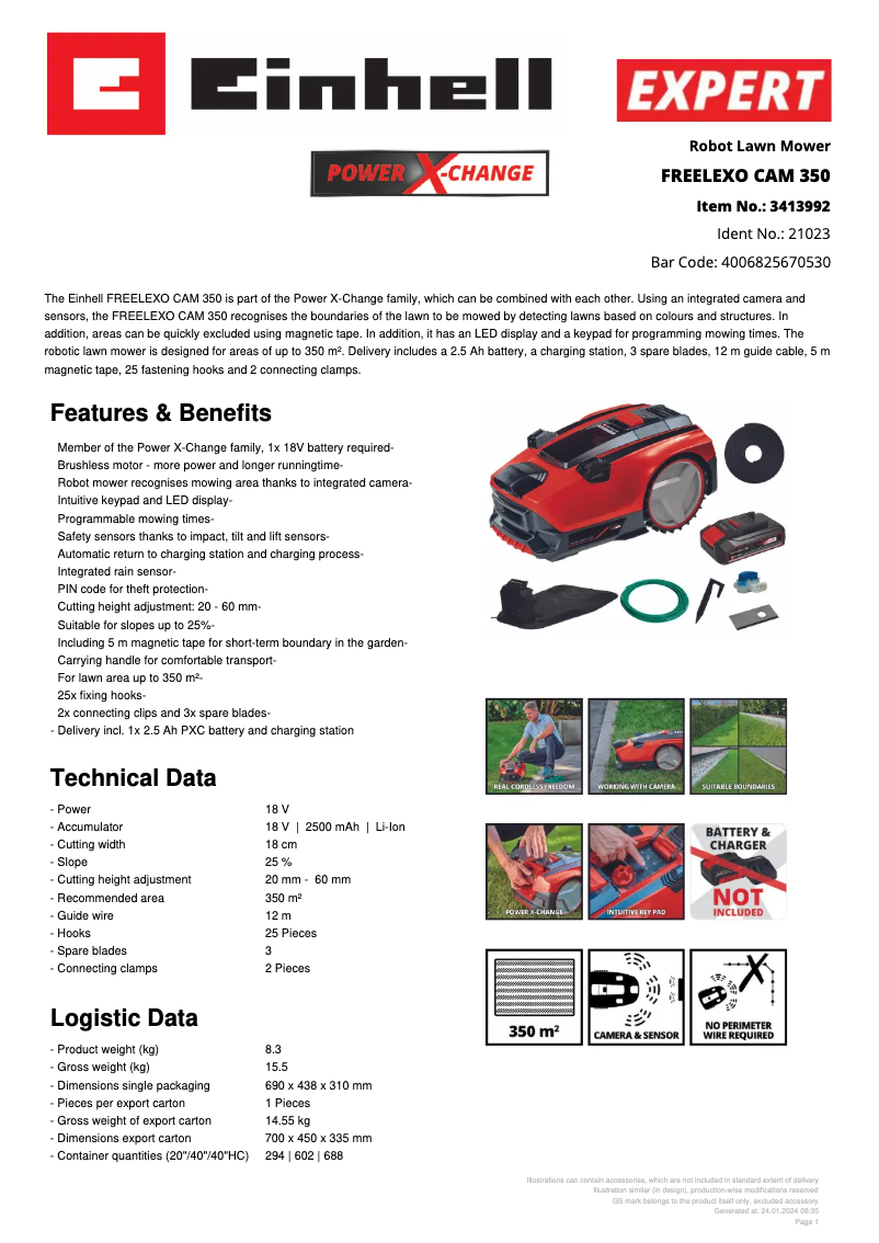 Page 1 of the manual Technical Sheet Einhell FREELEXO CAM 350