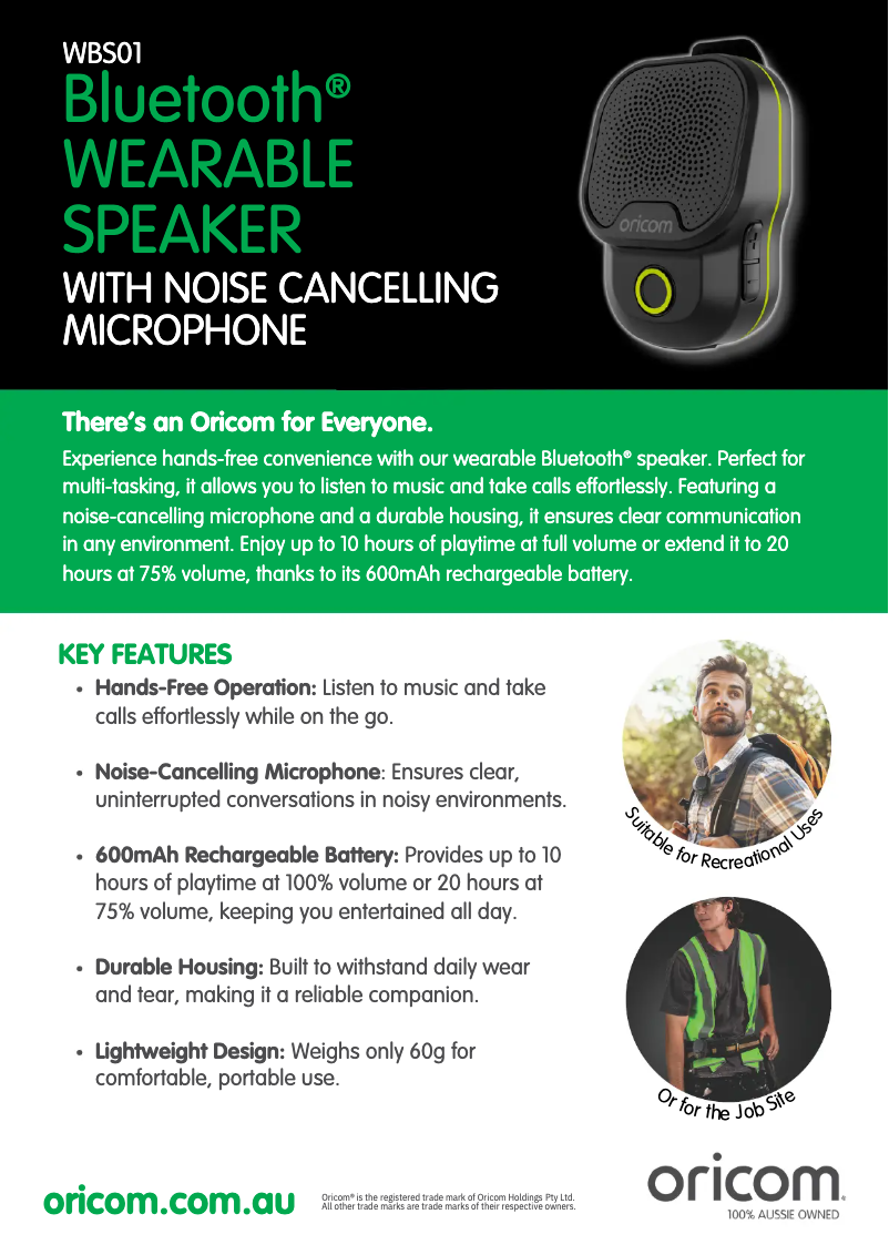 Page 1 de la notice Fiche technique Oricom WBS01