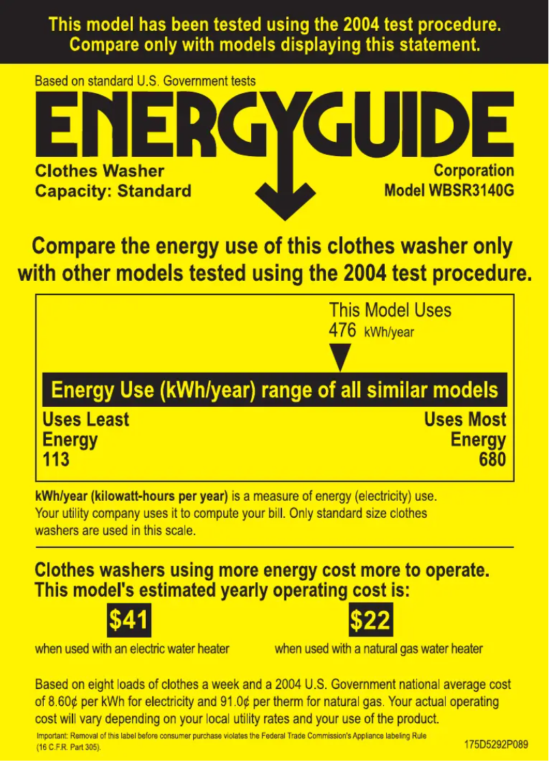 Page 1 of the manual Energy Label GE WBSR3140GCC
