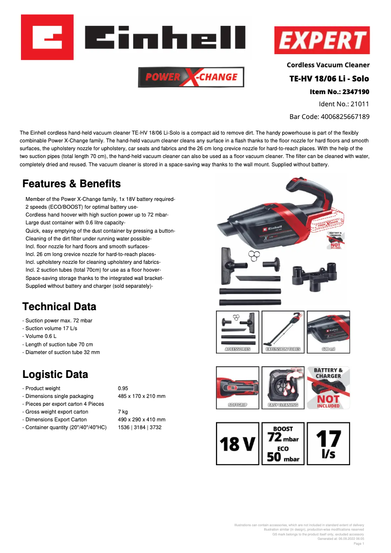 Page 1 of the manual Technical Sheet Einhell TE-HV 18/06 Li