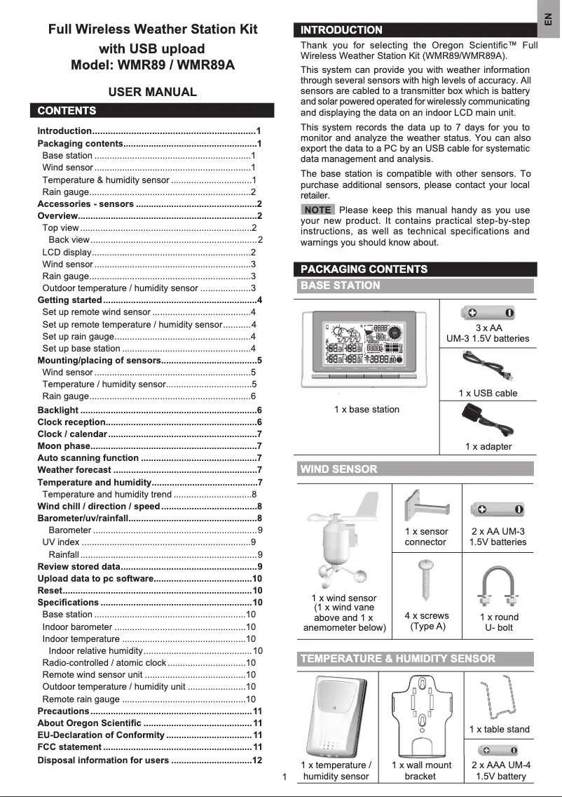 Page 1 of the manual User Manual Oregon Scientific WMR89A