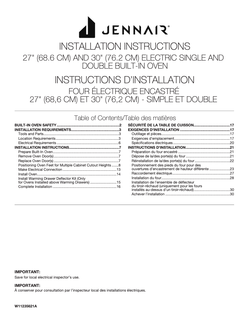 Page 1 of the manual Installation Guide JennAir JJW2827IL