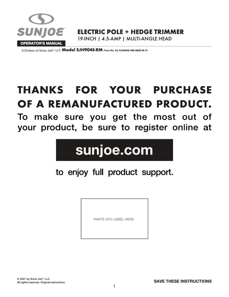 Page 1 of the manual User Manual Sun Joe SJH904E-RM