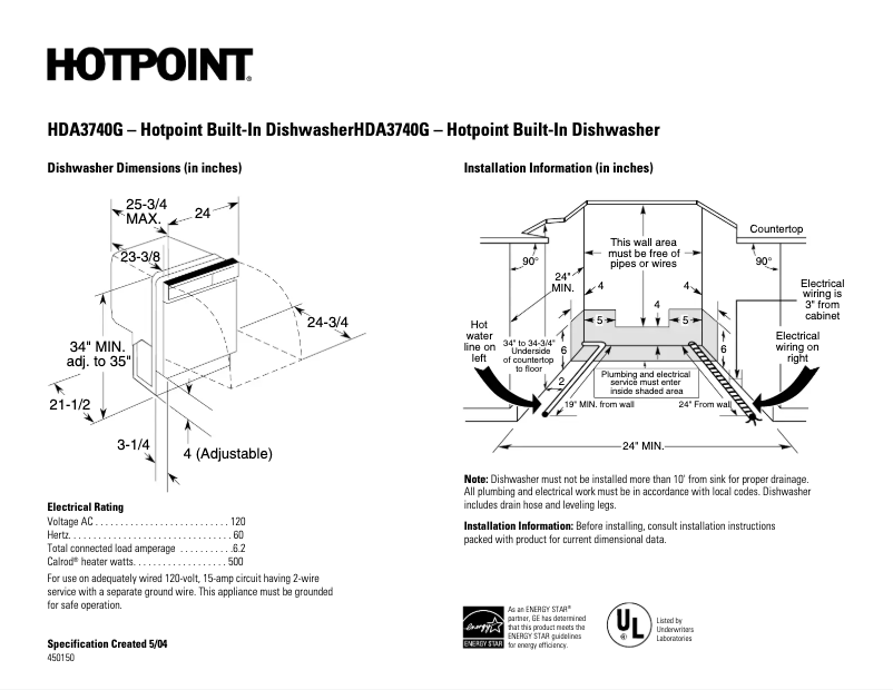 Page 1 of the manual Technical Sheet Hotpoint HDA3740GSA